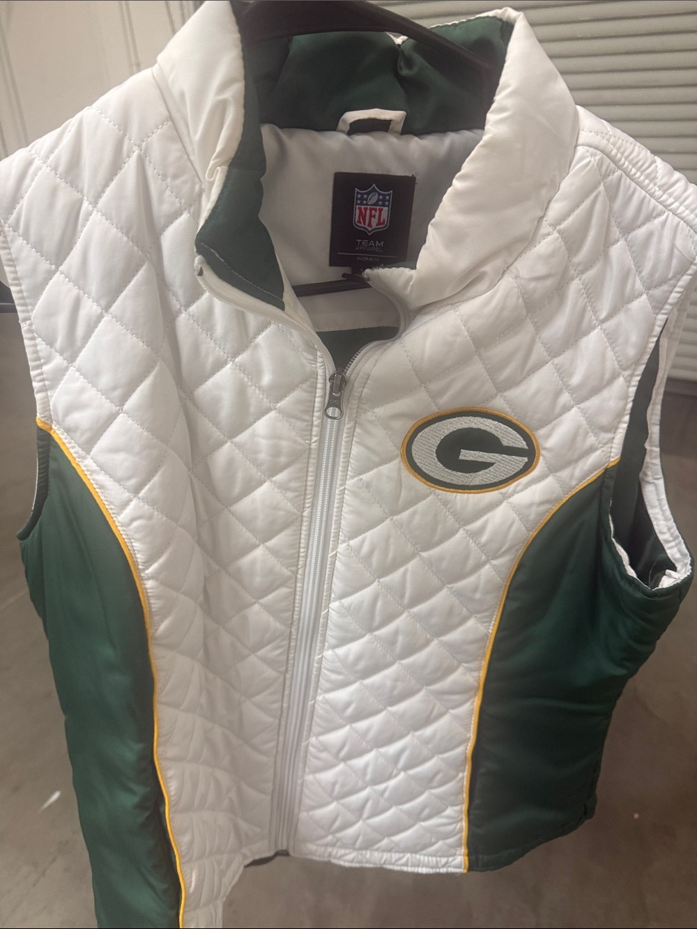 NFL Green Bay Quilted White and Green Women's Vest with Gold Trim